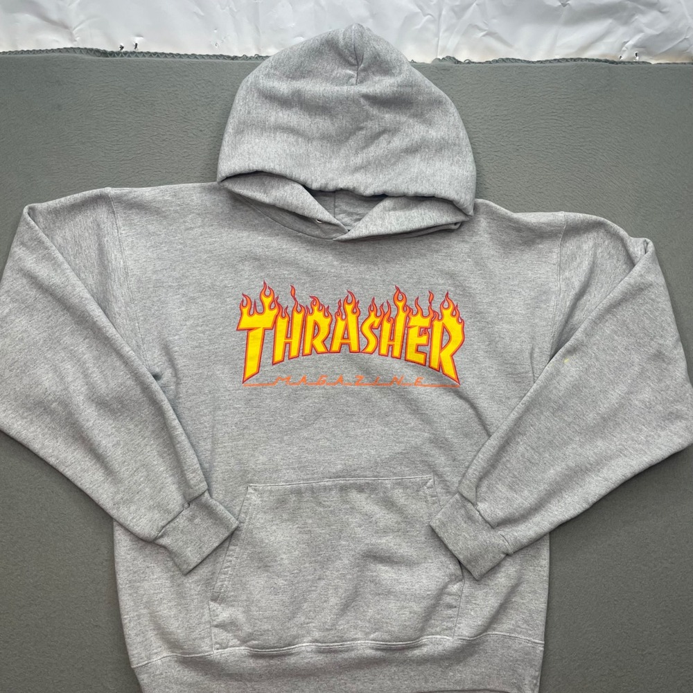 Thrasher Men Hoodie Cotton Blend Small Grey Flame Logo Skate Streetwear